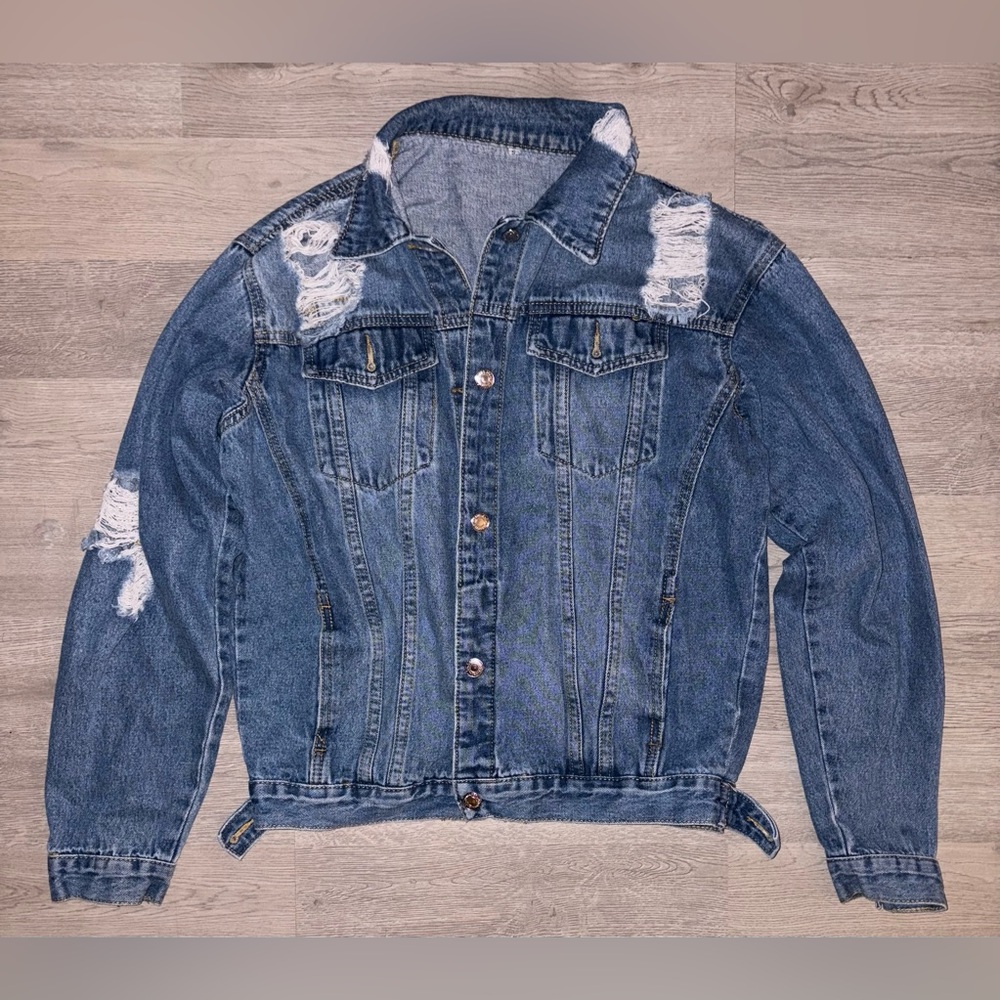 SHEIN Blue Distressed Denim Jacket